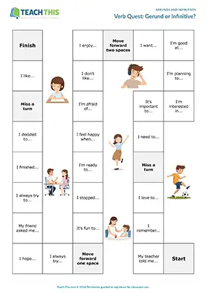 Gerunds and infinitives board game, forming sentences, group work, A2