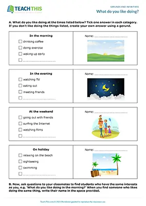 Gerunds speaking activity, asking and answering about preferences, controlled practice, A2