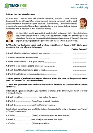 ESL worksheet for I wish and If only with reading, grammar, and pair discussion for B1 intermediate