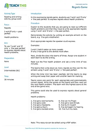 ESL regrets game for I wish/If only: students express regrets with the past perfect about health problems