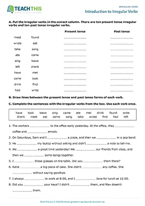 ESL worksheet for practicing irregular verbs: sorting, matching, gap-fill, questions, and pair work for A1-A2