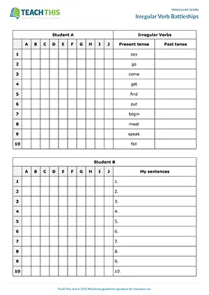 ESL irregular verb battleships game for elementary: students form past tense and use verbs in sentences