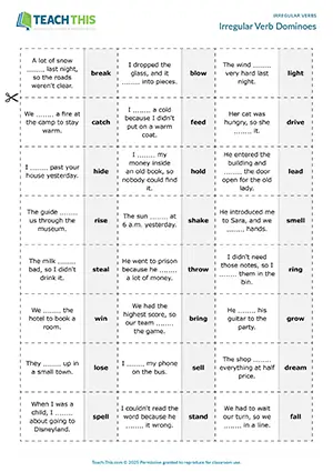 ESL dominoes game for irregular verbs: students match base and past forms and complete sentences
