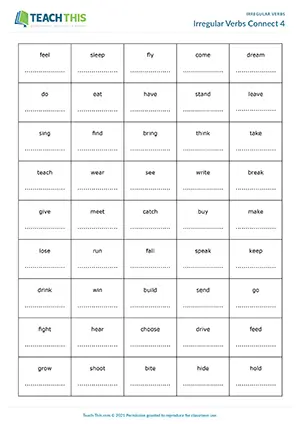 ESL irregular verbs connect 4 game: students write and use past tense or past participle forms in sentences