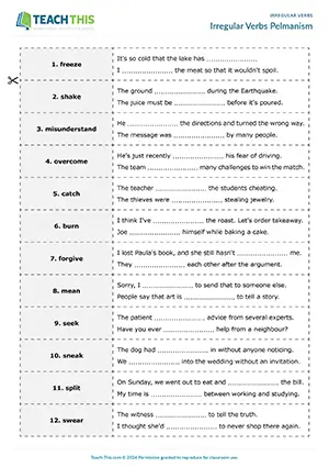 ESL pelmanism game for B2: students match and complete sentences using all irregular verb forms
