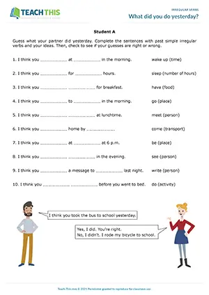 ESL speaking activity for A1-A2: students guess and discuss partner's activities using past simple irregular verbs