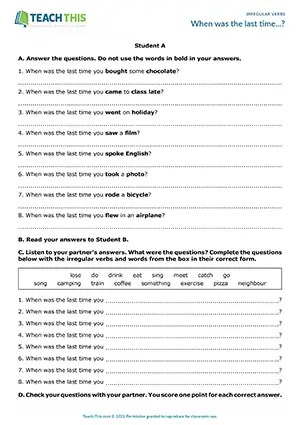 ESL game for irregular verbs: students answer and complete questions using past tense forms in pairs