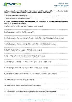ESL narrative tenses activity for B1: students write and act out stories using narrative tenses in pairs