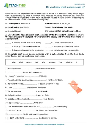 ESL noun clauses worksheet for B2: identifying, gap-fill, unscrambling, combining, and matching sentences