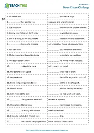 ESL noun clause games for B2: matching, gap-fill, subordinators, sentence building in pairs