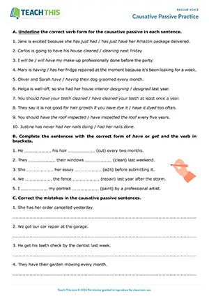 Passive causative worksheet for B2: underline, complete, correct, rewrite, and discuss causative passive