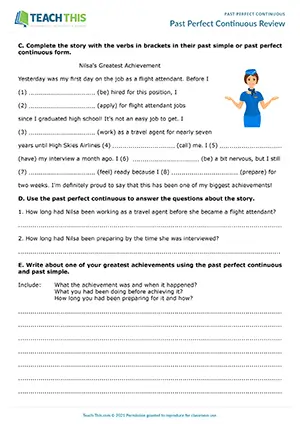 ESL worksheet for upper-intermediate B2: unscrambling, gap-fill, comprehension, writing with past perfect continuous