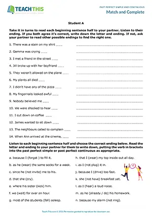 ESL past perfect simple or continuous game for intermediate B1: matching, sentence completion, pair work