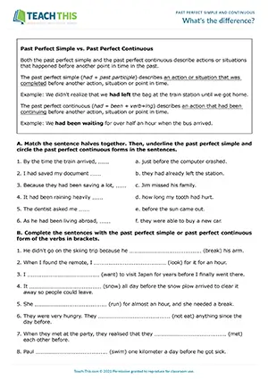 ESL worksheet for upper-intermediate B2: past perfect simple vs. continuous, matching, gap-fill, sentence writing