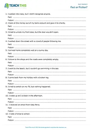 ESL past perfect game preview for intermediate B1 showing fact vs. fiction sentence writing activities, classroom voting, and pair work