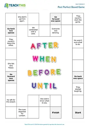 ESL past perfect board game for upper-intermediate B2: sentence completion, adverbial time clauses, group practice