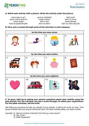 ESL past perfect game preview for intermediate B1 with matching, asking questions, true or false, and pair guessing activities