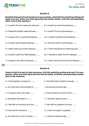 ESL past perfect activity preview for intermediate B1 with sentence completion, matching, and pair work practice