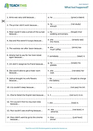 ESL past perfect game preview for intermediate B1 with matching, gap-fill, word form activities, and pair work