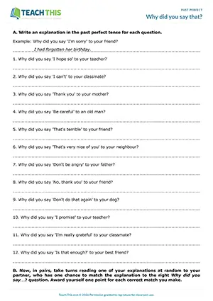 ESL past perfect game for intermediate B1: writing and reading sentences, matching, pair work guessing