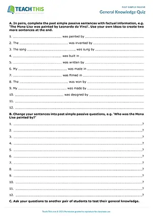 ESL past simple passive activity for intermediate B1: creating quiz, sentence completion, pair work