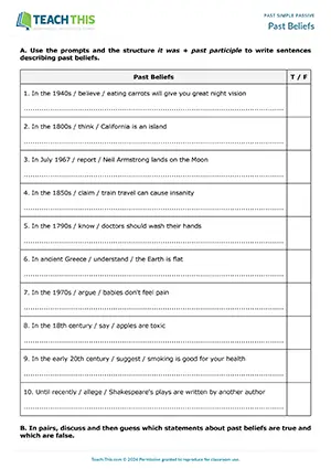 ESL past simple passive game for upper-intermediate B2: writing statements, guessing true or false