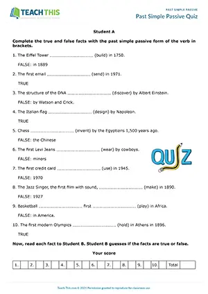ESL past simple passive game for intermediate B1: historical facts, true or false, pair game