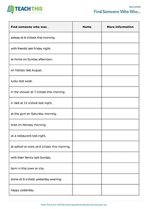 ESL was/were speaking activity for elementary A1-A2: asking 'Were you...?' and follow-up questions