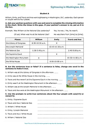 ESL was/were pair activity for pre-intermediate A2: information gap, chart completion, error correction