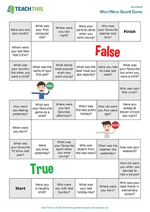 ESL was/were board game for pre-intermediate A2: true or false Q&A, guessing, group play