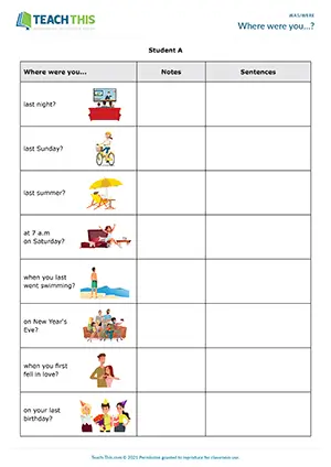 ESL was/were speaking activity for pre-intermediate A2: asking questions from prompts, answering questions, writing sentences, pair work