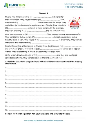ESL past simple information gap for pre-intermediate A2: writing and asking Wh questions to complete a text