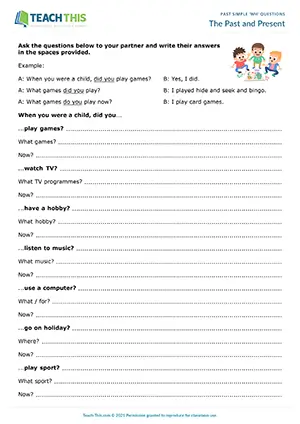 ESL Past Simple and Present Simple Questions Activity preview, Pre-intermediate A2, forming, asking and answering questions from prompts