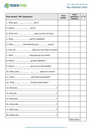 ESL past simple Wh questions game for pre-intermediate A2: guessing, writing, pair interviews