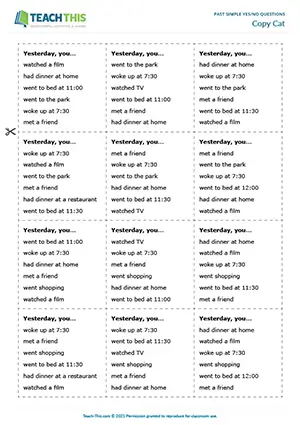ESL Did you questions activity for elementary A1-A2: find someone who did the same, group speaking