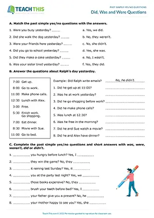 ESL past simple yes/no questions worksheet for elementary A1-A2: matching, writing, unscrambling, pair practice
