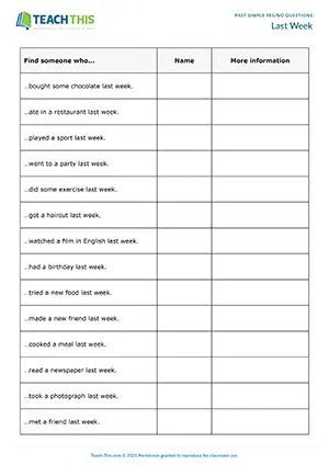 ESL find someone who activity for elementary A1-A2: past simple yes/no questions, group mingling
