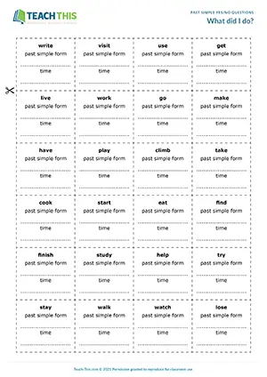 ESL past simple yes/no questions game for pre-intermediate A2: guessing actions with Did you, group game