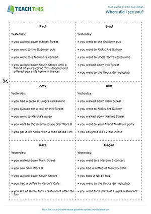 ESL past simple yes/no questions game for pre-intermediate A2: guessing location, group discussion