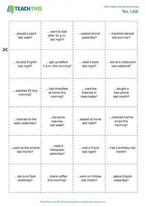 ESL past simple yes/no questions true or false game for pre-intermediate A2: Q&A, guessing, group work