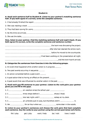 ESL upper-intermediate activity preview: pair work, matching, categorising, gap-fill, binary choice, past tense verbs