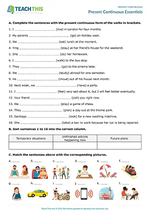 ESL present continuous worksheet preview: gap-fill, categorising, matching, unscrambling, writing sentences, pre-intermediate