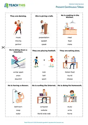 ESL present continuous Taboo game preview: describing, guessing, forming sentences, group work, intermediate