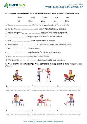 ESL classroom present continuous worksheet preview: gap-fill, writing, identifying, error correction, comprehension, pre-intermediate