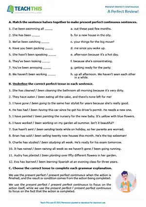 ESL present perfect continuous worksheet preview: matching, binary choice, sentence completion, writing, intermediate