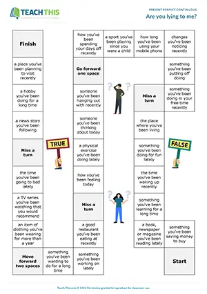 ESL present perfect continuous board game preview: true or false, impromptu speech, guessing, communicative group work, upper-intermediate