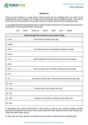 ESL present perfect continuous activity preview: information gap, asking and answering, pair work, upper-intermediate