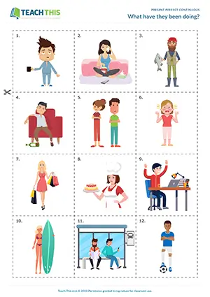 ESL present perfect continuous activity preview: asking and answering, forming sentences, pair work, intermediate