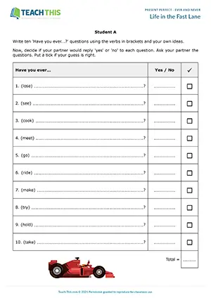ESL Have You Ever game preview: writing questions, guessing answers, pair work, pre-intermediate
