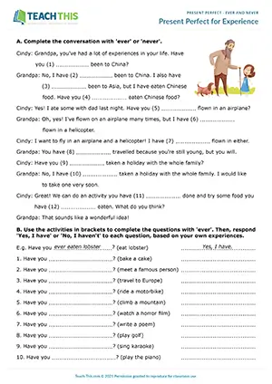 ESL ever and never worksheet preview: gap-fill, question completion, error correction, discussion, pair work, intermediate